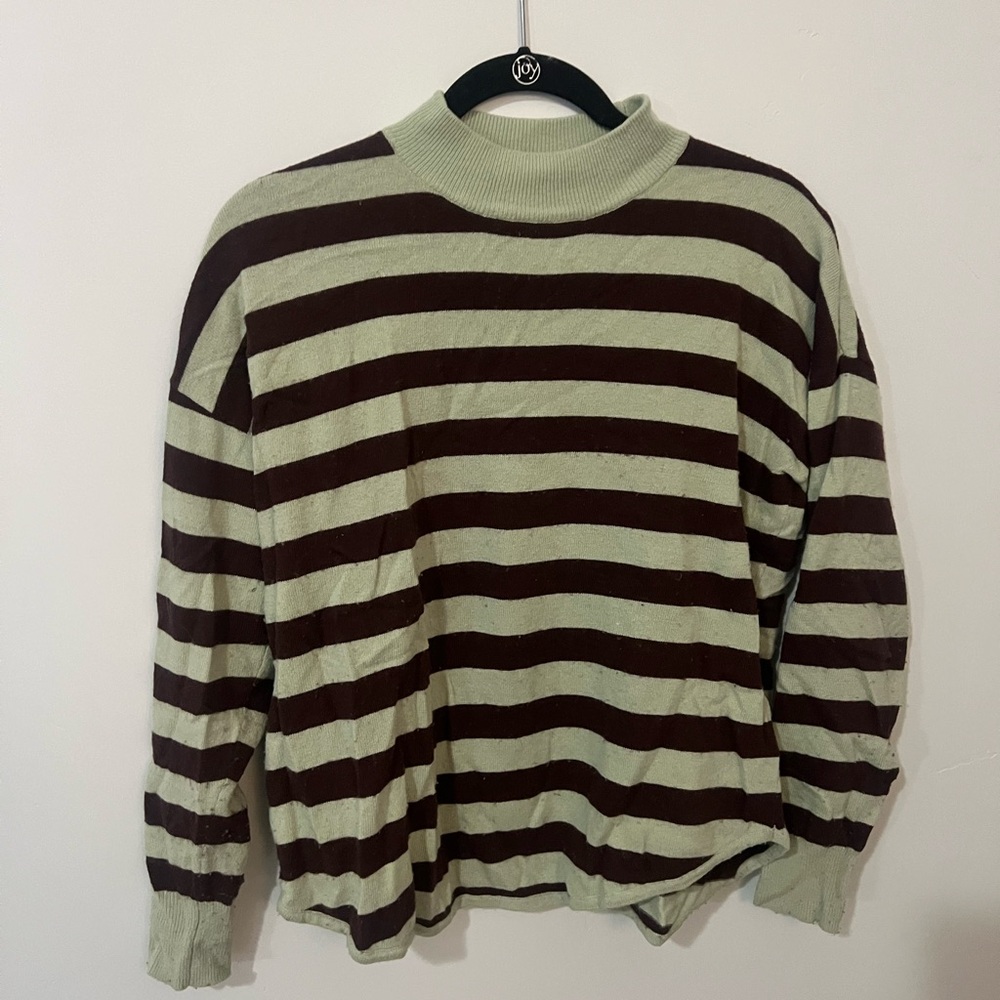 Madewell Women's Turtleneck Sweater in Brown and Mint Stripes